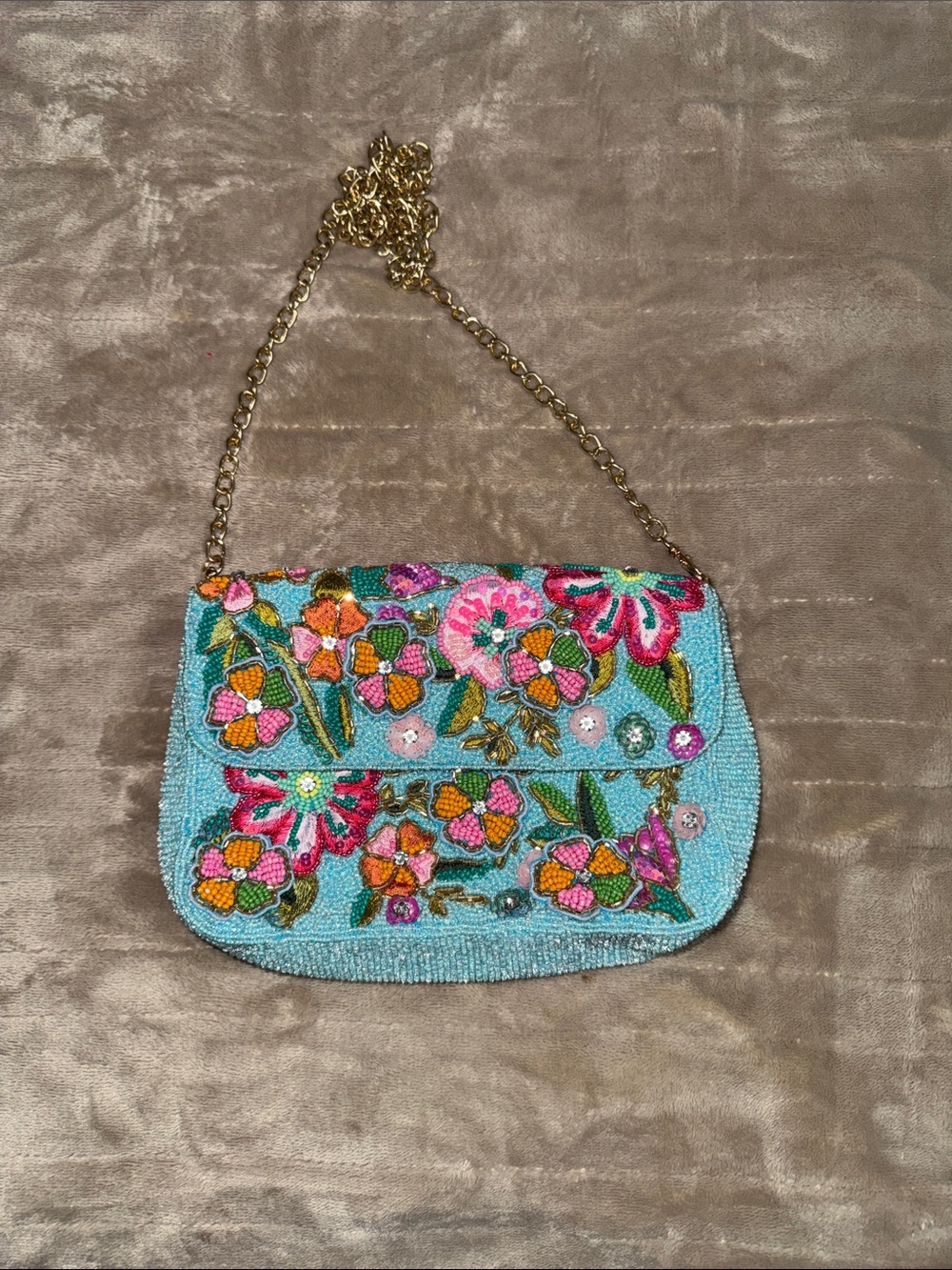 Hand Embroidered Floral Beaded Crossbody Bag - Light Blue